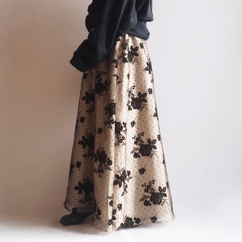 Vintage Coldwater Creek 90's VTG Velvet Floral High Rise Gold Toned Maxi Skirt